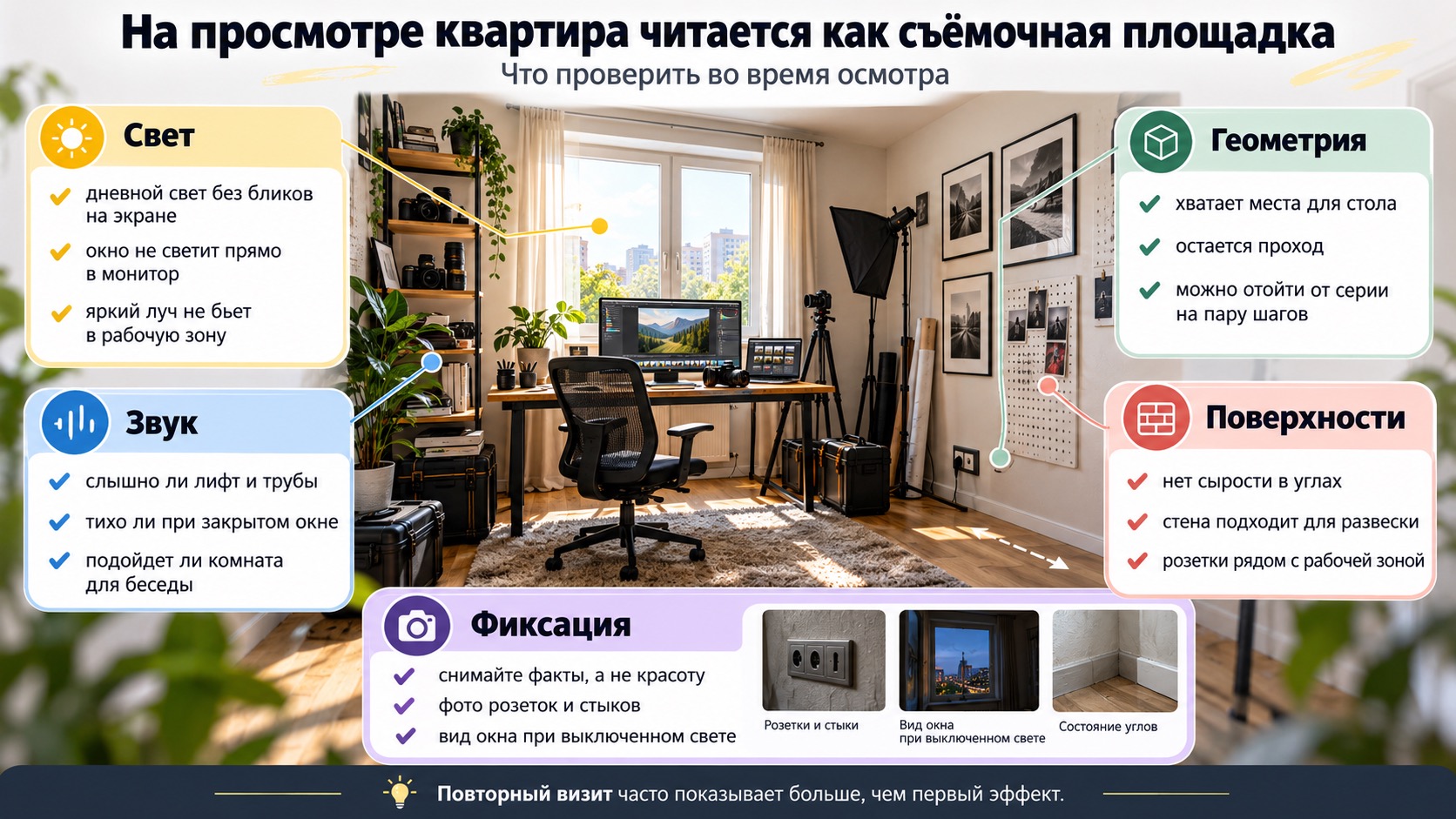 Осмотр лучше проводить последовательно: от естественного света к геометрии комнаты, затем к звуку, температуре и состоянию поверхностей.